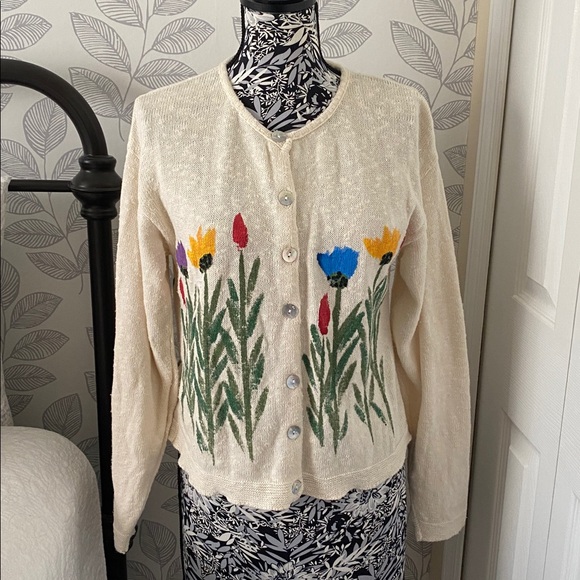 Victoria Sweaters - Vintage button front cardigan with painted floral design by Victoria